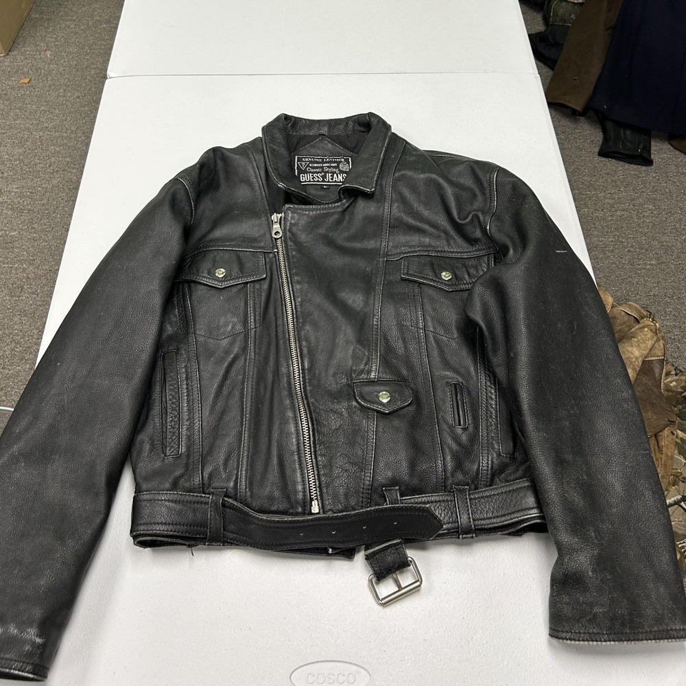 Guess Leather Biker Jacket Mens M Black Vintage Georges Marciano Belted Moto